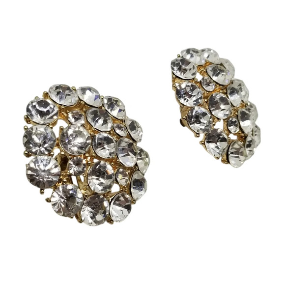 VINTAGE LARGE ROUND GOLDTONED & WHITE RHINESTONES CLIP ON STATEMENT EARRINGS - Picture 3 of 4